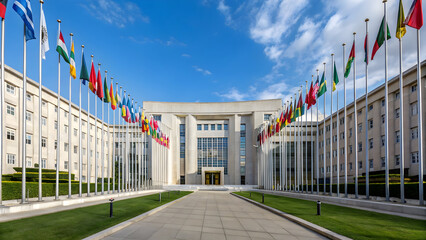Palace of Nations in Geneva with flags of all countries under a blue sky with clouds