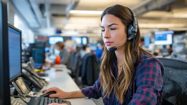 Customer Support in Action: A focused customer support professional equipped with a headset, intently assists clients, navigating a computer-filled office environment.