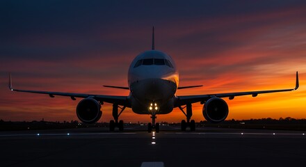 Airplane on the Runway at Sunset Awaiting Takeoff with Vivid Colors of the Sky