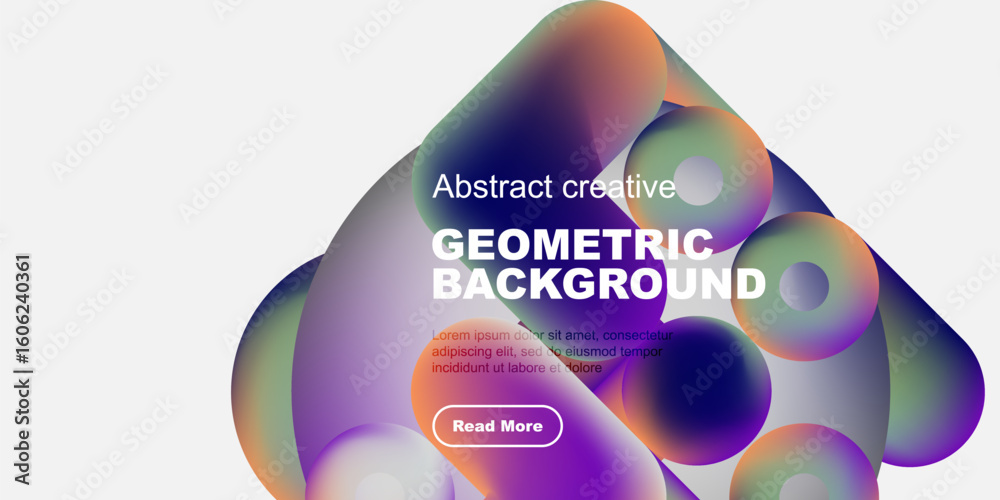 Fototapete vibrant fluid shapes overlap black background. text promotes geometric design, includes read more bu