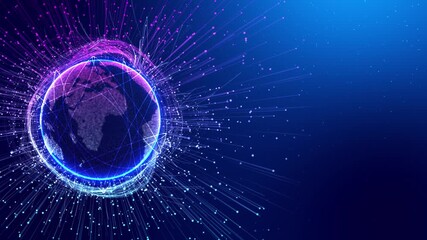Globe virtual planet Earth. Digital technology cyberspace earth planet. Hologram World Map. Paths World Map banking finance computer processor. Worlds map circuit board Cyberpunk Futuristic Cityscape - Powered by Adobe