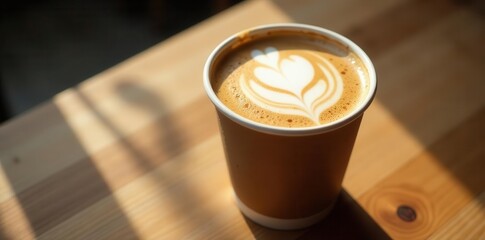 Aromatic Coffee in a Disposable Cup, Basking in Sunlight on a Wooden Table