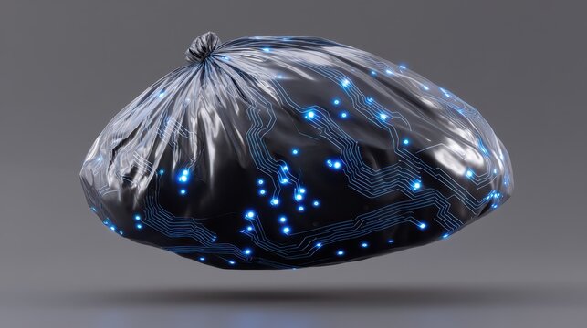 Futuristic Smart Polymer Garbage Bag with Digital Circuits Floating Urban Sustainability Concept