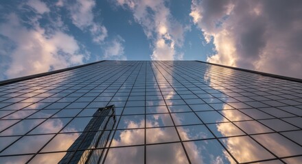 Modern skyscraper facade with cloud reflections