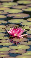 Pink water lily with dragonfly.