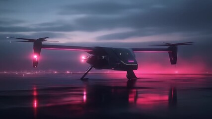 Futuristic Drone Illuminated With Pink Lights on Dark Runway At Night Reflecting Light and Innovative Design - Powered by Adobe