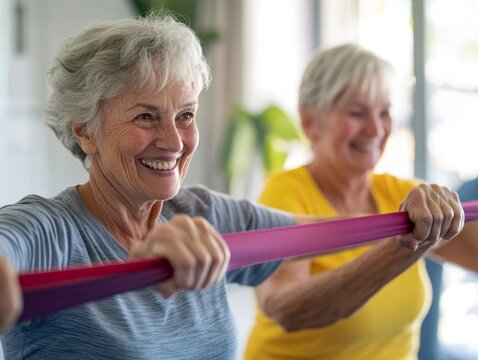 Smiling Senior Women Exercising with Resistance Bands Indoors