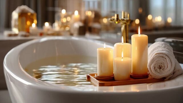 Serene Bath with Candles: A relaxing spa-like setting with a luxurious bathtub filled with tranquil water, illuminated by the soft glow of candles for ultimate relaxation. 