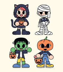 Cute Halloween-themed characters in cat, mummy, Frankenstein, and pumpkin costumes holding candy buckets