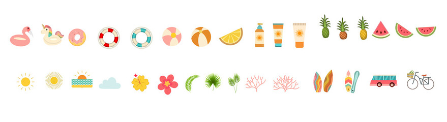 A collection of colorful icons for summer activities such as swimming, sunbathing, and boating.