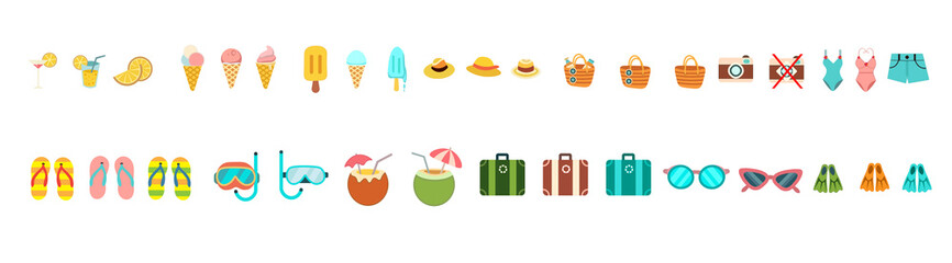 A collection of colorful icons for summer activities such as swimming, sunbathing, and boating.