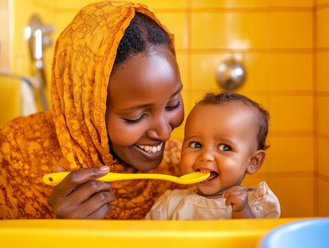 Smiling Somali Mother Feeding Baby in Yellow High Chair