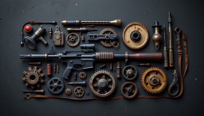 Fototapeta premium a close up view of an intricate collection of mechanical parts and tools arranged to resemble a firearm on a black surface