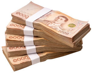 Stacks of Thai thousand-baht banknotes isolated on white background with clipping path. Ideal for concepts of business, trade, finance, investment, corruption, or economic exchange.PNG File.