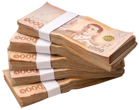 Stacks of Thai thousand-baht banknotes isolated on white background with clipping path. Ideal for concepts of business, trade, finance, investment, corruption, or economic exchange.PNG File.