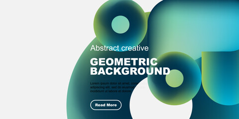 Obraz premium Abstract geometric shapes, vibrant colors, modern design. Text overlay promotes content with read more button. Clean, minimalist aesthetic.