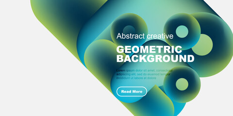 Abstract fluid shapes, vibrant colors, geometric design. Text present, button visible. Modern aesthetic, clean composition.