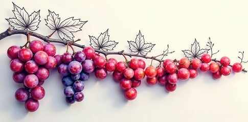 A whimsical illustration of a grapevine with clusters of red and purple grapes, adorned with sketched leaves, artistically arranged on a pristine white background.