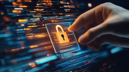 A digital hand interacting with a glowing padlock icon on a futuristic interface with data streams