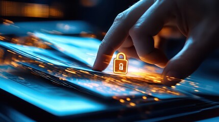 Hand interacting with a digital interface featuring a glowing padlock symbol for data security