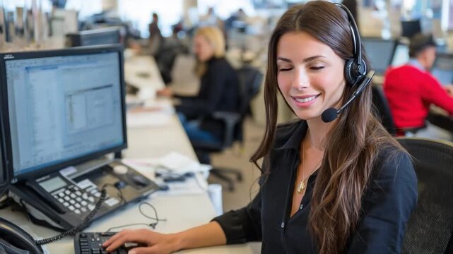 Cheerful Communication: A professional woman with a headset engaged in a supportive conversation at her desk in a busy, modern office environment.