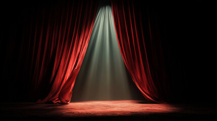 a red velvet theater curtain slightly parted, revealing a glimpse of an empty stage with a single spotlight