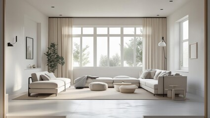 Fototapeta premium Spacious, light-filled living room with minimalist furniture.