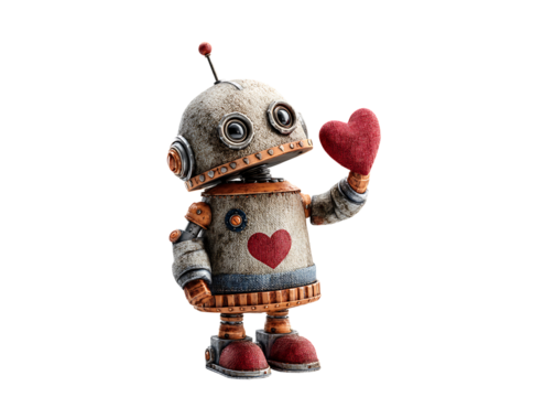 Vintage robot holding heart romantic ai artificial intelligence love, Isolated On White, Transparent Background, Png