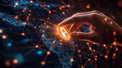 Hand touching digital padlock over world map with glowing network connections visualized in cyberspace