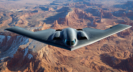 Photograph of a B-2 bomber flying over the desert, aerial view, 3D rendering, high-resolution photography.