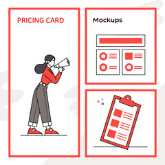 Obraz premium Illustration of a woman with a megaphone, mockups, and a clipboard in red outlines on a white background