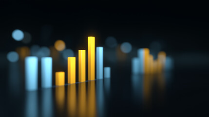 Abstract representation of business data or financial growth with illuminated bar graphs. Golden bars stand out against muted blue ones and blurred lights symbolizing key insights trends