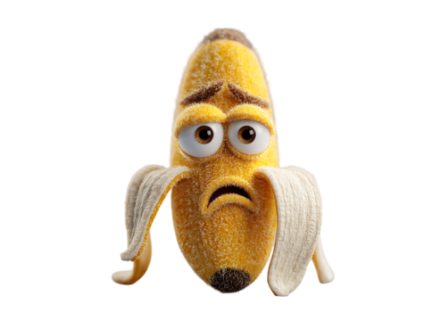 Sad cartoon banana character 3d render isolated black background, Isolated On White, Transparent Background, Png