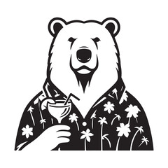 Bear in Hawaiian Shirt with Cocktail Illustration For Summer