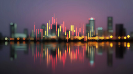 vibrant candlestick chart overlays a blurred cityscape at dusk, reflecting on water. This image symbolizes the interplay of financial markets with urban development and global economics