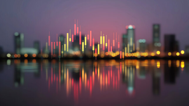 vibrant candlestick chart overlays a blurred cityscape at dusk, reflecting on water. This image symbolizes the interplay of financial markets with urban development and global economics - Powered by Adobe