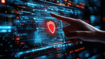 A finger touching a digital screen displaying a red shield icon amidst complex data visualizations