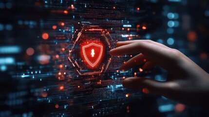 Hand interacting with a glowing red shield icon on a digital screen with abstract data streams