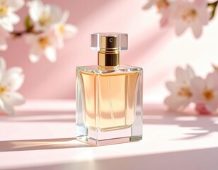 Elegant Perfume Bottle with Blossom on Pink Background, Beauty and Fragrance Concept