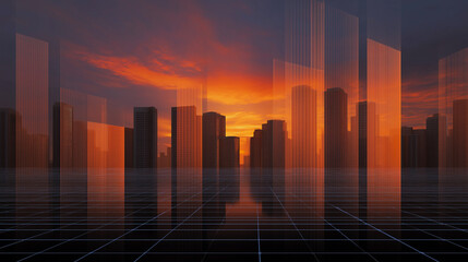 A futuristic city skyline at sunset, featuring sleek, translucent high-rise buildings over a glowing grid, symbolizing technology, data, and urban development.