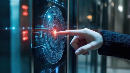 A finger touching a futuristic interface with glowing circles and lines on a dark background screen