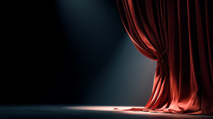 a red velvet theater curtain slightly parted, revealing a glimpse of an empty stage with a single spotlight