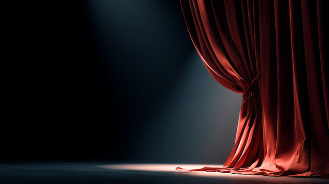 a red velvet theater curtain slightly parted, revealing a glimpse of an empty stage with a single spotlight