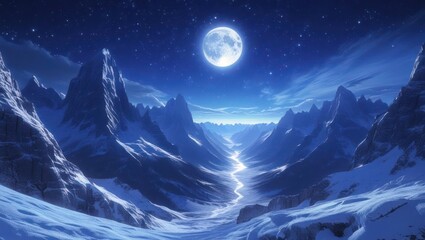 Snowy mountains under a brilliant moonlit sky.