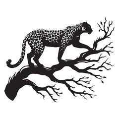 Dramatic Leopard Silhouette in a Tree, Detailed Black and White Design