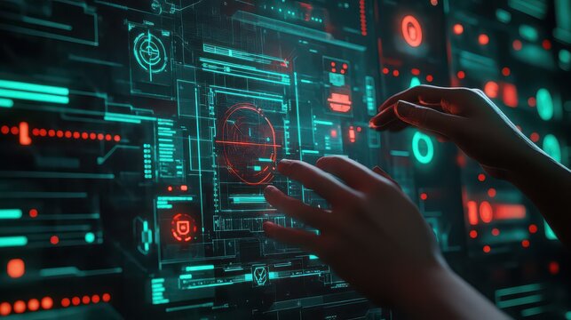 Hands interacting with a futuristic digital interface with glowing elements and complex data displays