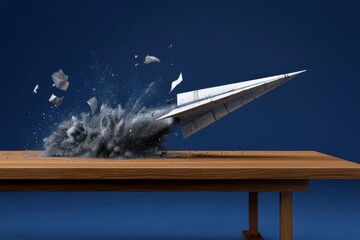 Silver Paper Airplane Soaring Over Polished Wood Desk With Ink Trails and Blueprints