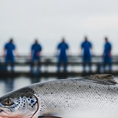 Freshly caught salmon on a pier.