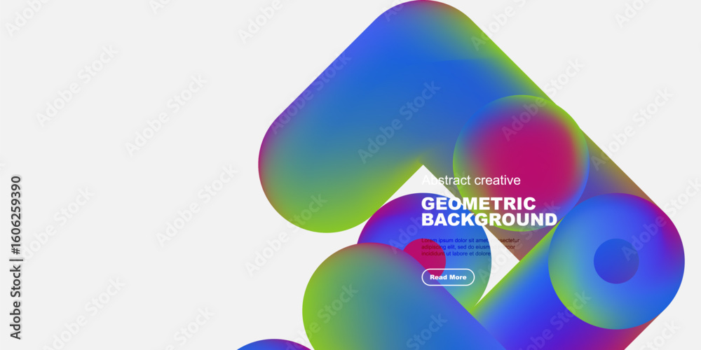 Poster abstract colorful shapes overlap, creating dynamic geometric background. text promotes further explo