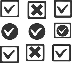 Hand Drawn Checkmarks and Crosses in Squares and Circles tick